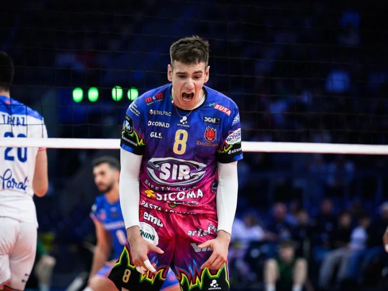 Agustín Loser celebrating with Perugia during CEV Champions League competition.