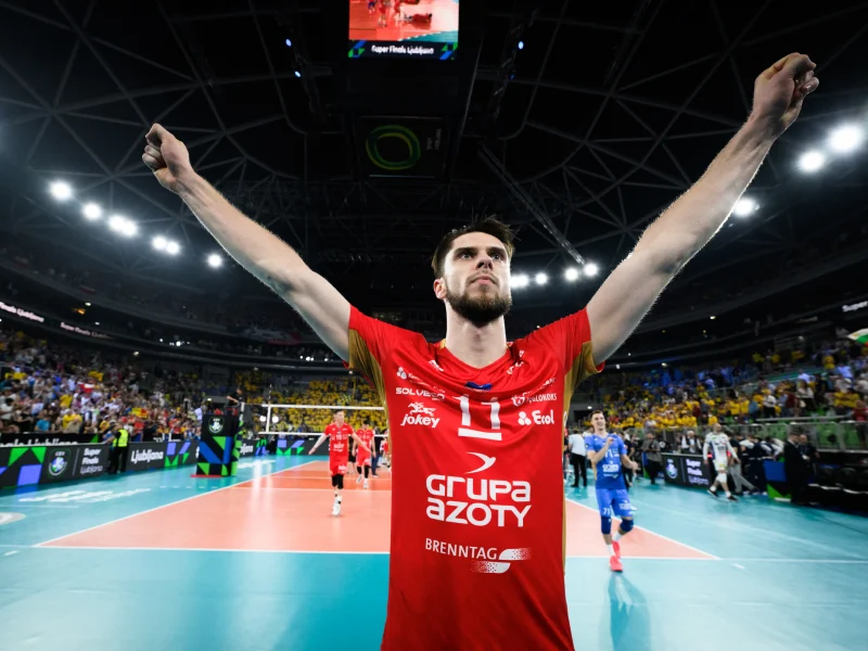 Aleksander Śliwka celebrates in ZAKSA colors after a European club match.