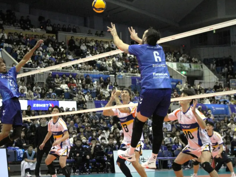 Antoine Brizard sets the ball for Osaka Bluteon during an SV.League match.