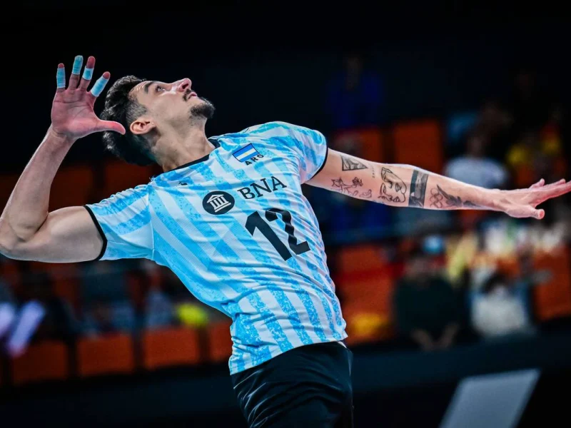 Bruno Lima serving for Argentina at the Paris 2024 Olympic Games.