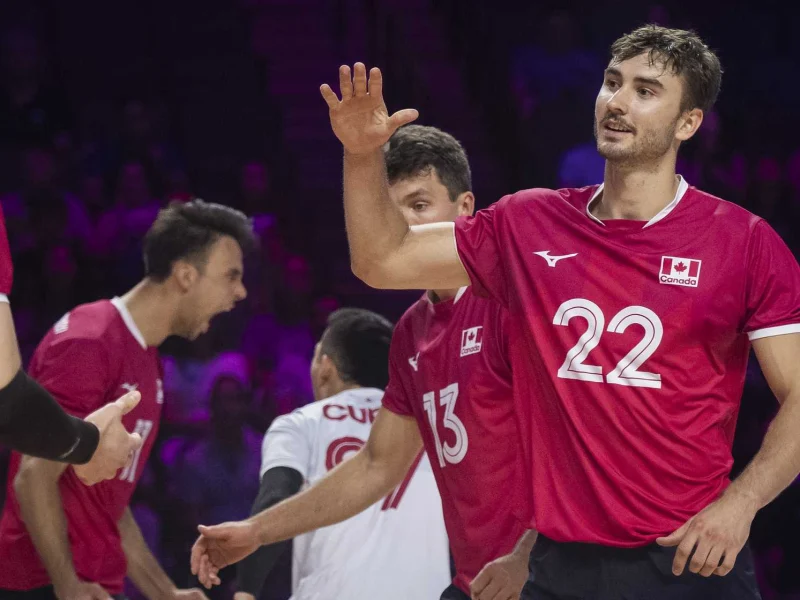 Isaac Heslinga celebrating a point for the Canada men’s national volleyball team