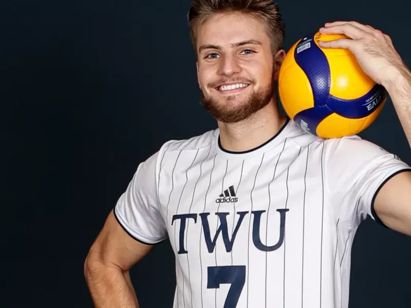 Jackson Howe wearing the Trinity Western Spartans volleyball jersey