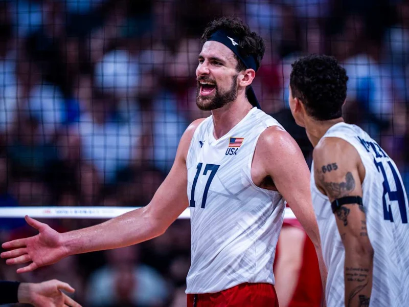 Jake Hanes with the United States during a 2026 Volleyball Nations League match against Japan.