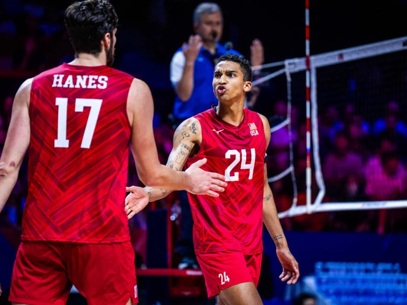 Jake Hanes with the United States during the 2026 Volleyball Nations League Final against Poland.