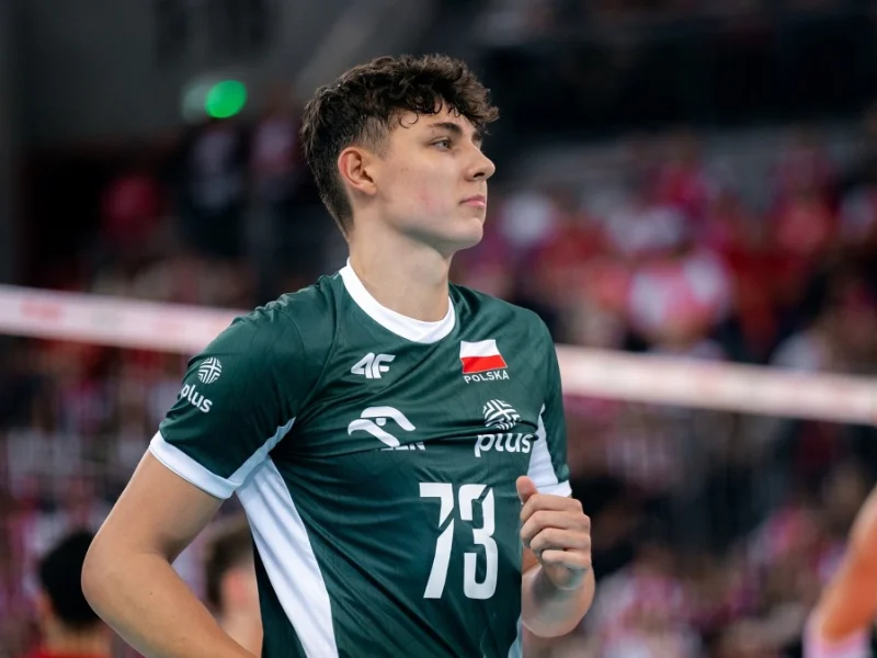 Jakub Nowak in Poland national team colors during international volleyball.