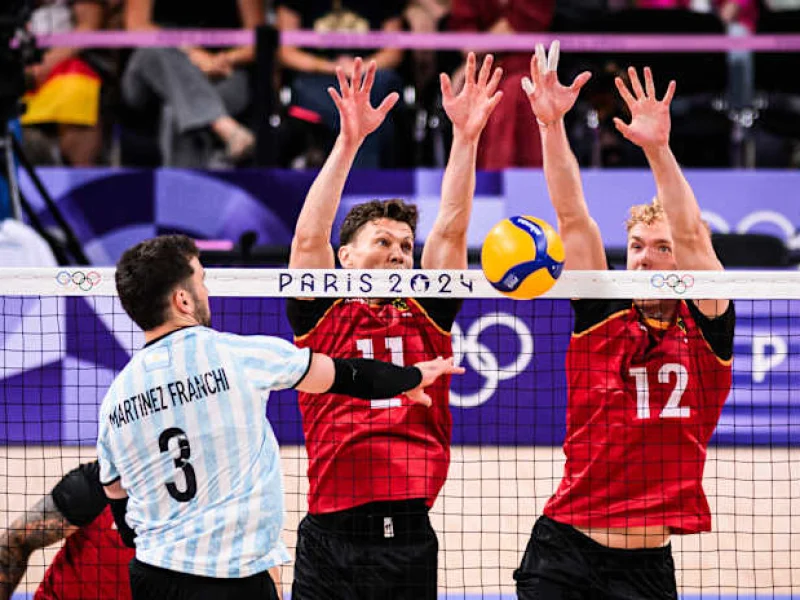 Jan Martínez Franchi attacks for Argentina against Germany at the Paris 2024 Olympic volleyball tournament.