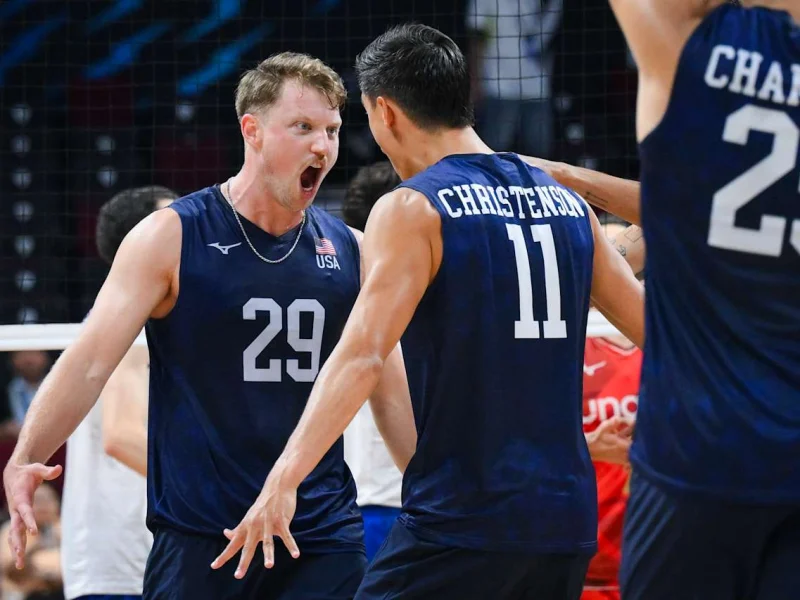 Jordan Ewert celebrating with Team USA at the 2025 Men's World Championship.