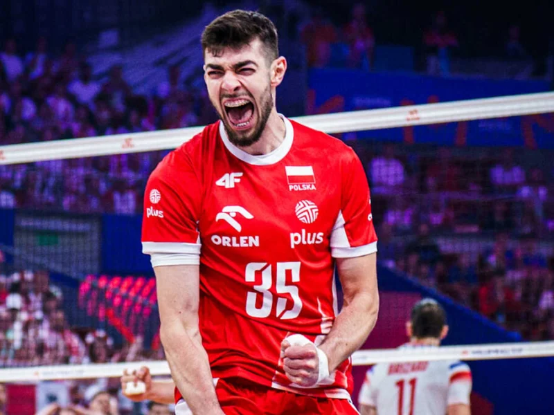 Kewin Sasak celebrates a point for Poland during international volleyball.