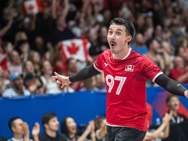 Landon Currie in action for Canada in Volleyball Nations League competition