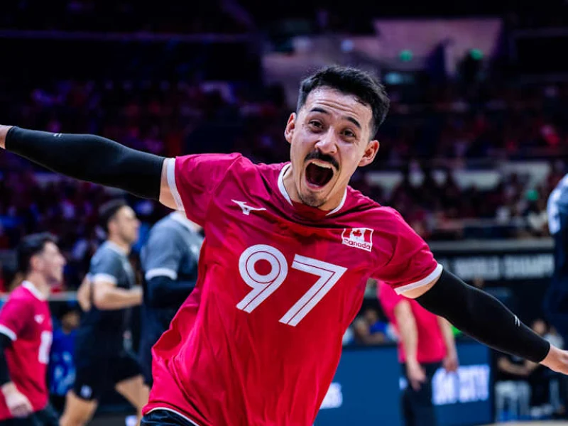 Landon Currie celebrating for Canada at the Volleyball World Championship