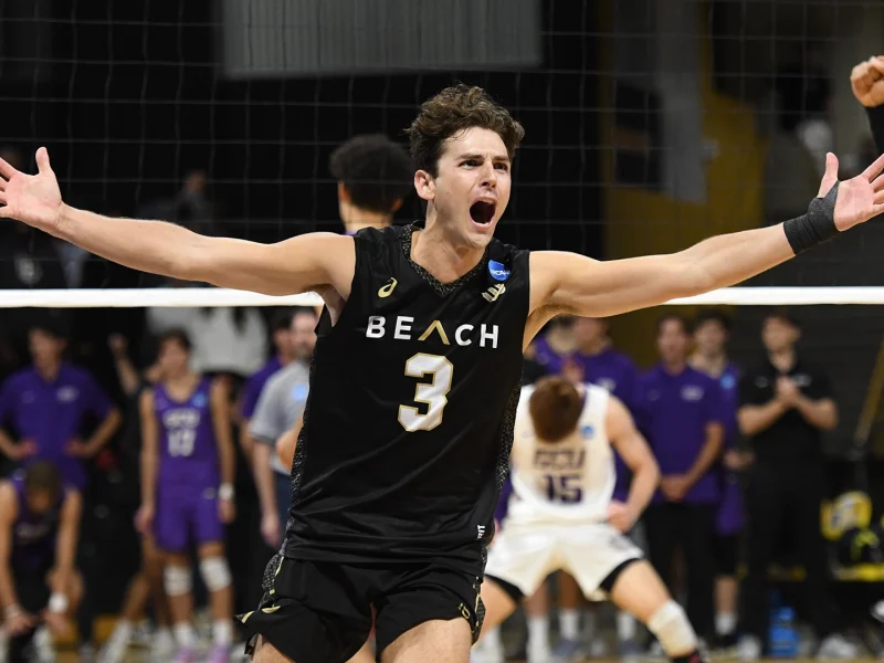 Mason Briggs celebrating during his Long Beach State volleyball career