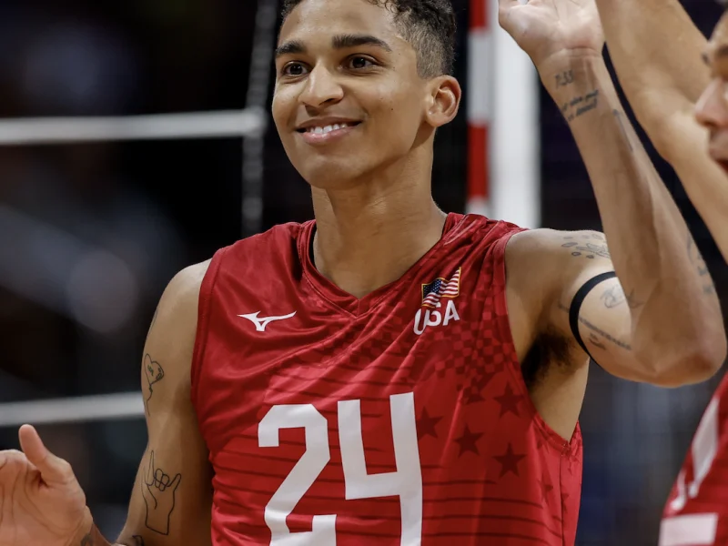 Merrick McHenry celebrating for the United States men's national volleyball team.