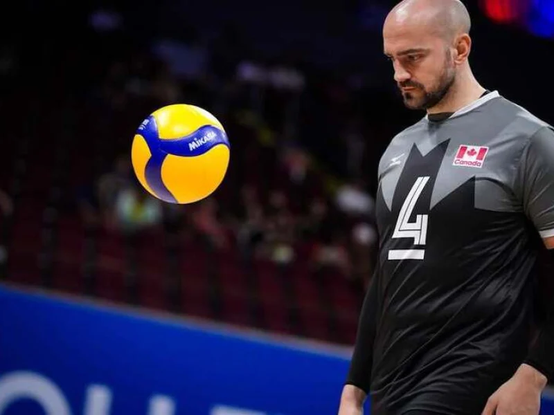 Nicholas Hoag with Canada in international volleyball competition.