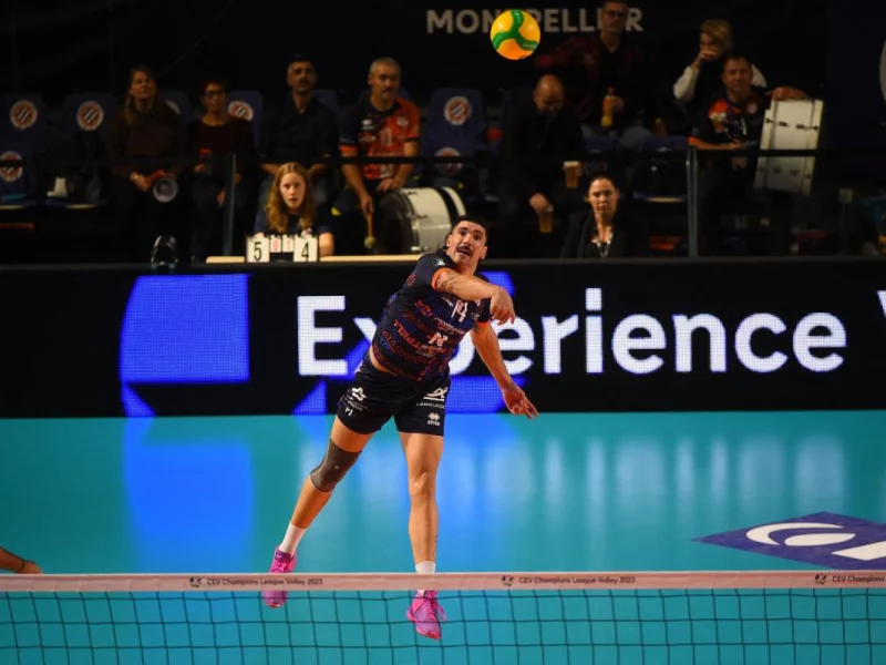 Nicolas Le Goff serves for Montpellier during CEV Champions League competition.