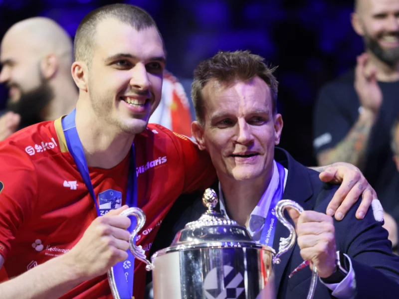 Norbert Huber celebrating a CEV Champions League title with ZAKSA.