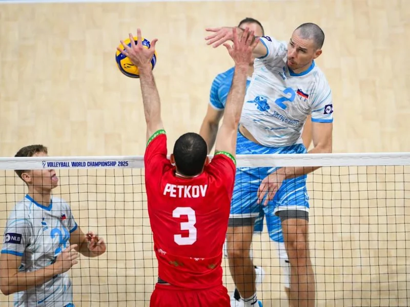 Preslav Petkov at the net for Bulgaria during international competition.