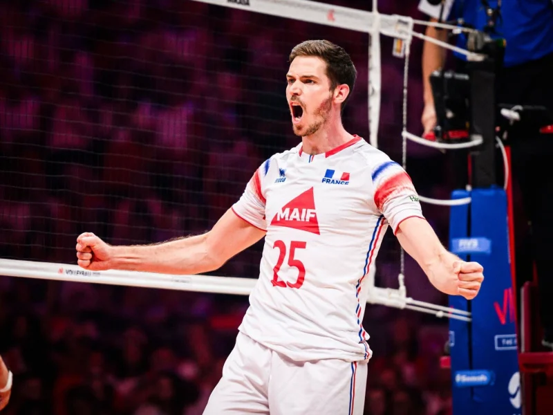 Quentin Jouffroy celebrating a point for the France men’s national volleyball team