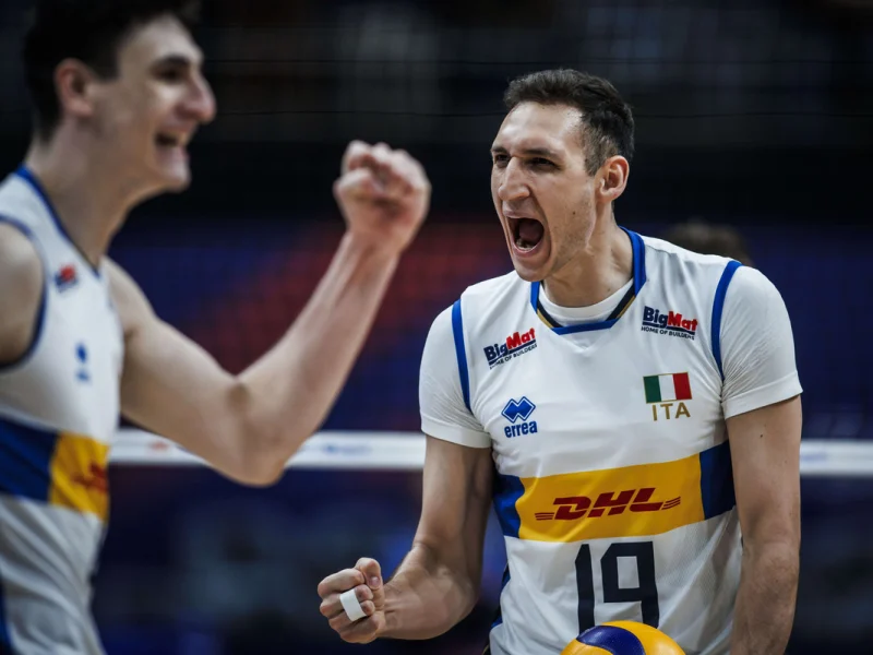 Roberto Russo celebrating for Italy during Volleyball Nations League play.