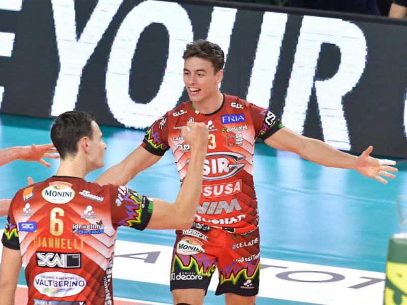 Tim Held celebrates a point with teammates during his Perugia season.