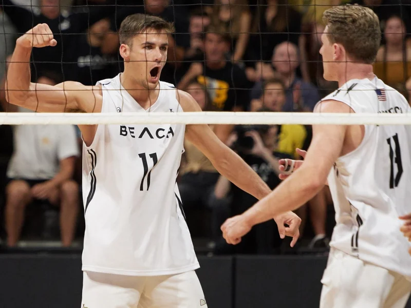 TJ DeFalco celebrating during a Long Beach State men's volleyball match.