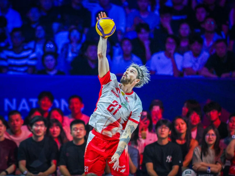 Tomasz Fornal serving for Poland during the 2026 Volleyball Nations League.
