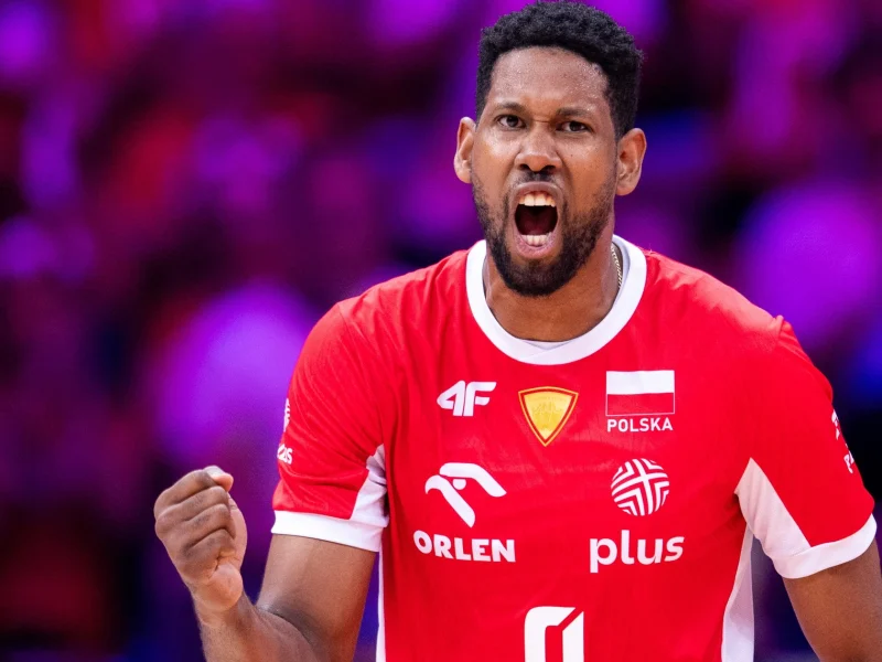 Wilfredo León celebrating for Poland in the 2026 Volleyball Nations League final.