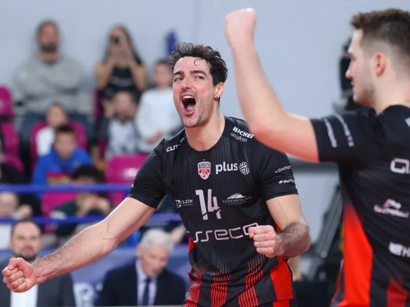 Yacine Louati celebrates in Asseco Resovia colors during club volleyball.